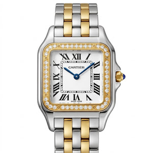 Cartier Panthère de Cartier women's quartz watch, medium model case, silver dial, stone-set bezel, two-tone gold-tone stainless steel bracelet – view 1