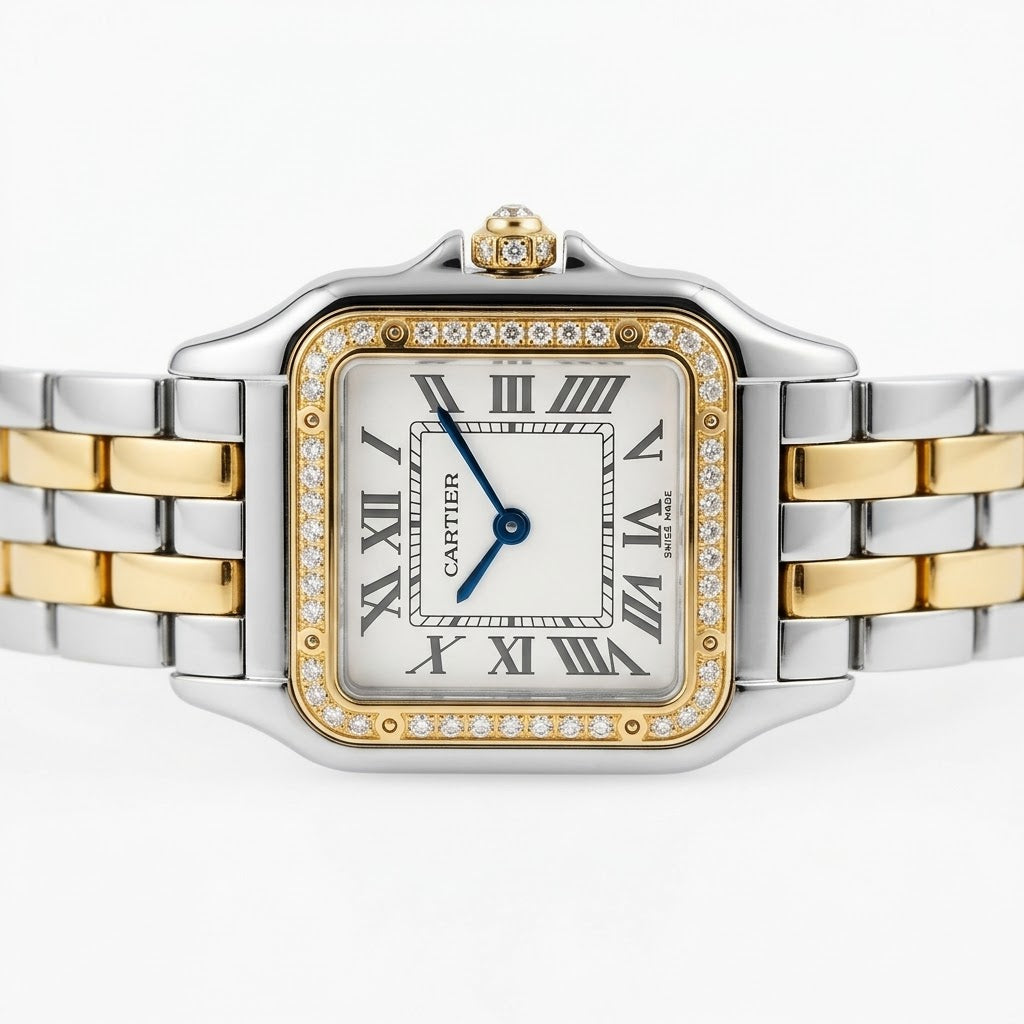 Cartier Panthère de Cartier women's quartz watch, medium model case, silver dial, stone-set bezel, two-tone gold-tone stainless steel bracelet – view 6