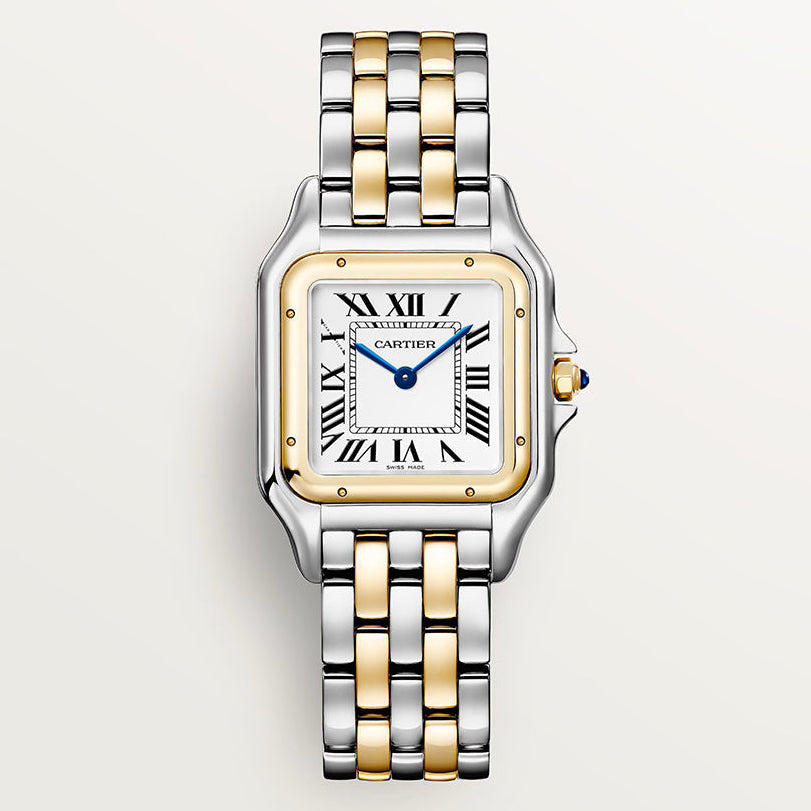 Cartier Panthère de Cartier women's quartz watch, medium model case, silver dial, two-tone gold-tone stainless steel bracelet – front view