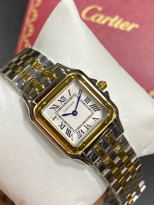 Cartier Panthère de Cartier women's quartz watch, medium model case, silver dial, two-tone gold-tone stainless steel bracelet – in hand view