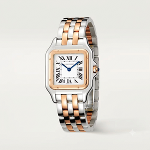 Cartier Panthère de Cartier women's quartz watch, medium model case, silver dial, two-tone rose gold-tone stainless steel bracelet – angle view