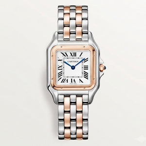 Cartier Panthère de Cartier women's quartz watch, medium model case, silver dial, two-tone rose gold-tone stainless steel bracelet – front view