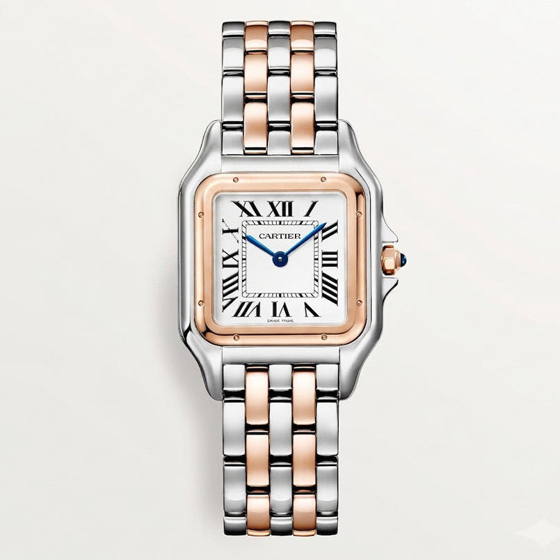 Cartier Panthère de Cartier women's quartz watch, medium model case, silver dial, two-tone rose gold-tone stainless steel bracelet – front view
