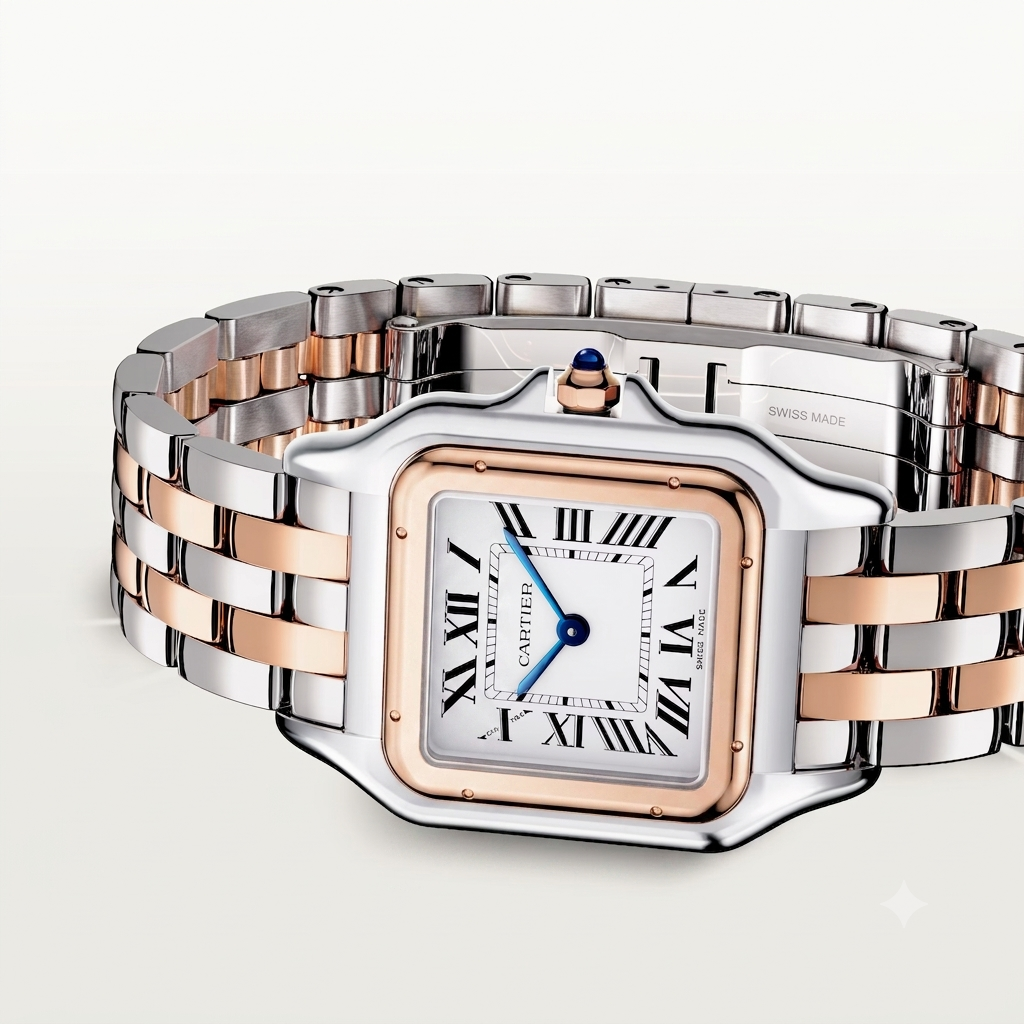 Cartier Panthère de Cartier women's quartz watch, medium model case, silver dial, two-tone rose gold-tone stainless steel bracelet – side view