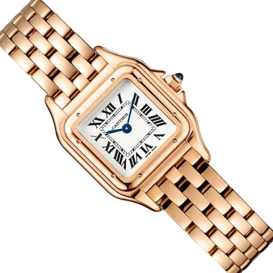 Cartier Panthère de Cartier women's quartz watch, small model case, silver dial, rose gold-tone bracelet – angle view