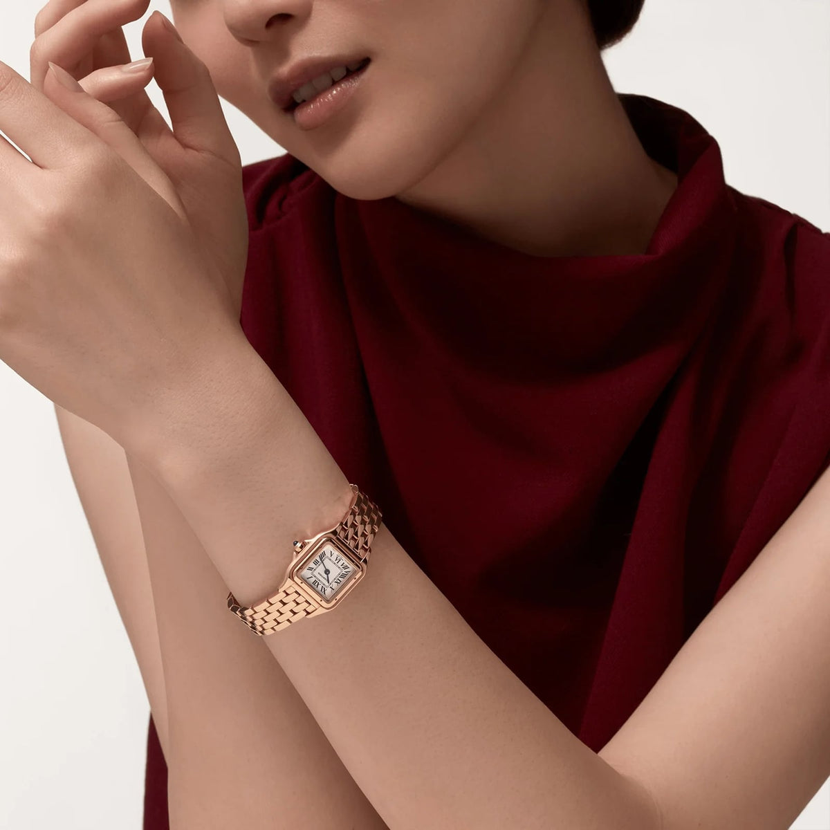 Cartier Panthère de Cartier women's quartz watch, small model case, silver dial, rose gold-tone bracelet – lifestyle view