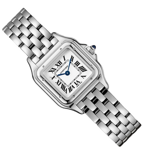 Cartier Panthère de Cartier women's quartz watch, small model case, silver dial, stainless steel bracelet – angle view