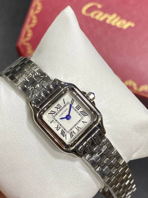 Cartier Panthère de Cartier women's quartz watch, small model case, silver dial, stainless steel bracelet – in hand view