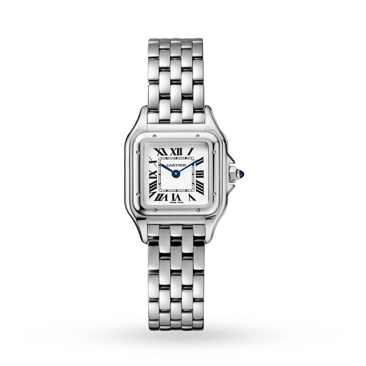 Cartier Panthère de Cartier women's quartz watch, small model case, silver dial, stainless steel bracelet – studio view