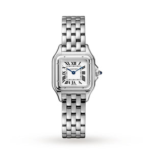 Cartier Panthère de Cartier women's quartz watch, small model case, silver dial, stainless steel bracelet – studio view