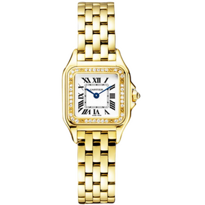 Cartier Panthère de Cartier women's quartz watch, small model case, silver dial, stone-set bezel, gold-tone bracelet – front view