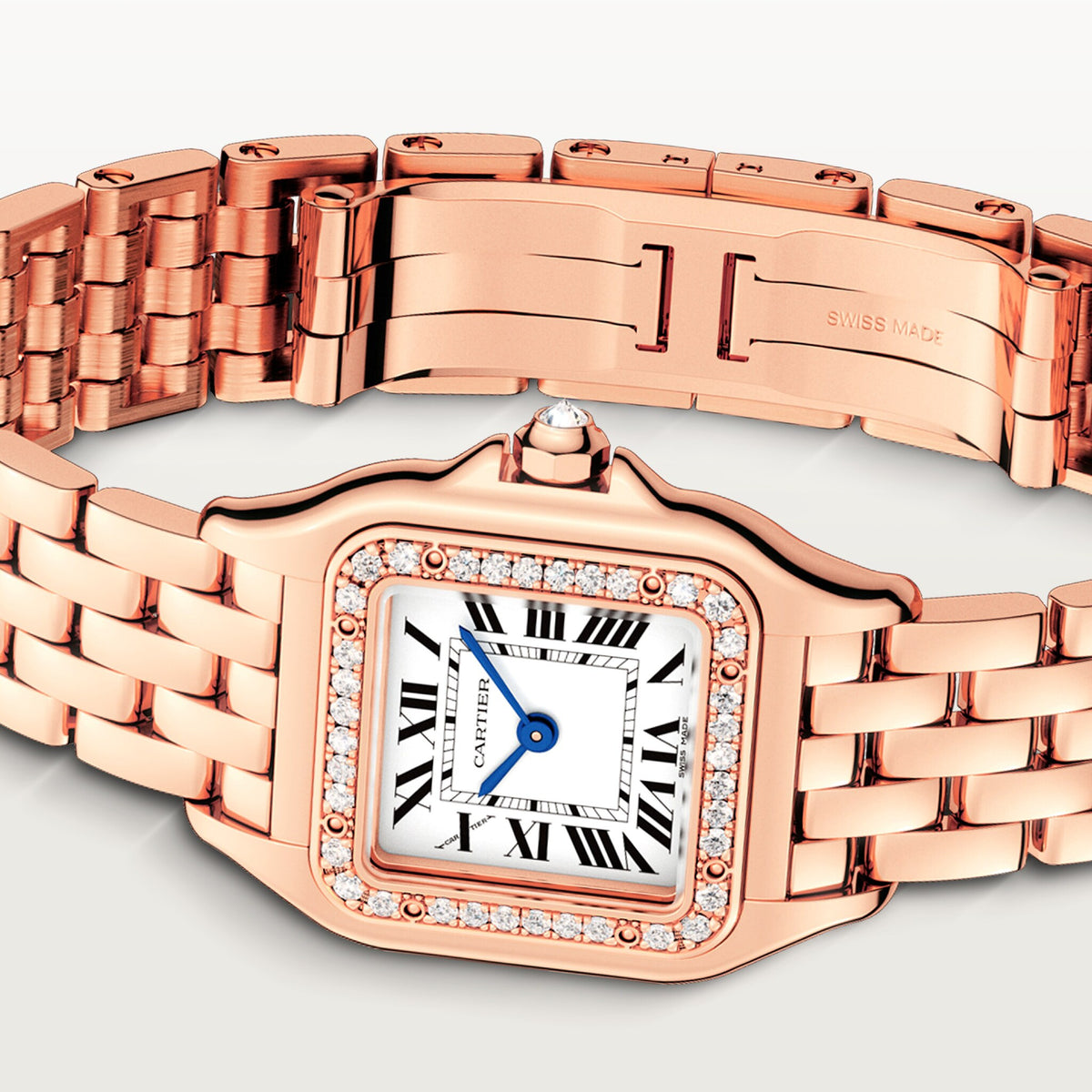 Cartier Panthère de Cartier women's quartz watch, small model case, silver dial, stone-set bezel, rose gold-tone bracelet – bracelet view