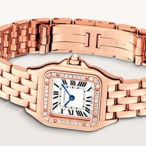 Cartier Panthère de Cartier women's quartz watch, small model case, silver dial, stone-set bezel, rose gold-tone bracelet – bracelet view