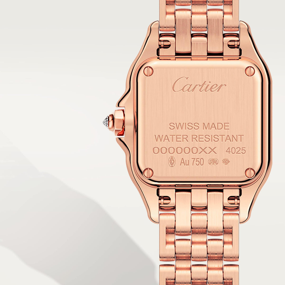 Cartier Panthère de Cartier women's quartz watch, small model case, silver dial, stone-set bezel, rose gold-tone bracelet – caseback view