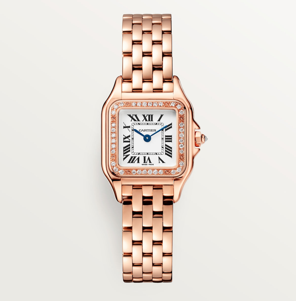Cartier Panthère de Cartier women's quartz watch, small model case, silver dial, stone-set bezel, rose gold-tone bracelet – front view