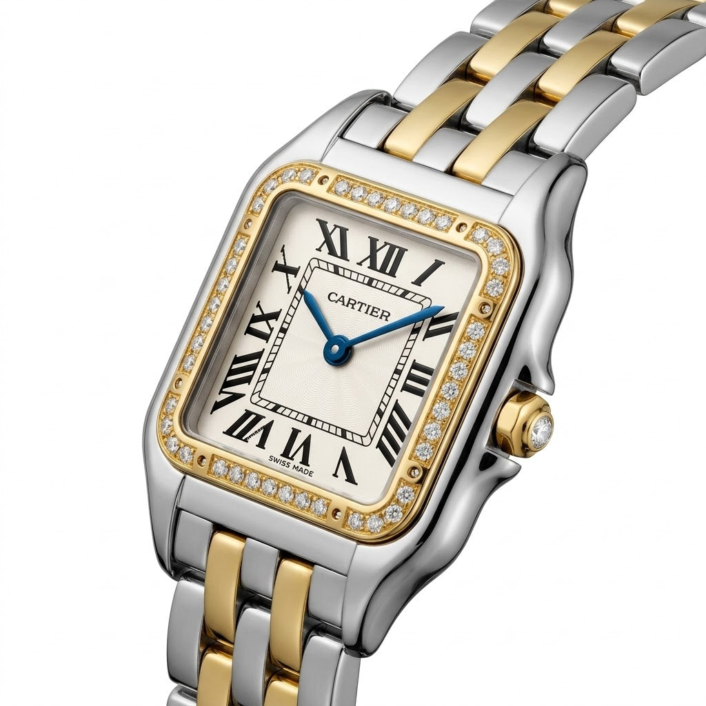 Cartier Panthère de Cartier women's quartz watch, small model case, silver dial, stone-set bezel, two-tone gold-tone stainless steel bracelet – view 3