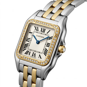 Cartier Panthère de Cartier women's quartz watch, small model case, silver dial, stone-set bezel, two-tone gold-tone stainless steel bracelet – view 6