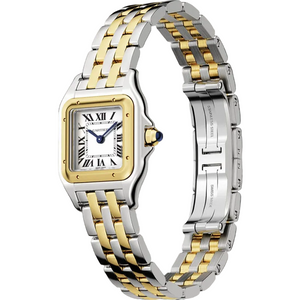Cartier Panthère de Cartier women's quartz watch, small model case, silver dial, two-tone gold-tone stainless steel bracelet – detail view