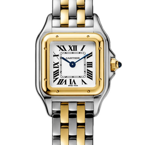 Cartier Panthère de Cartier women's quartz watch, small model case, silver dial, two-tone gold-tone stainless steel bracelet – full front view