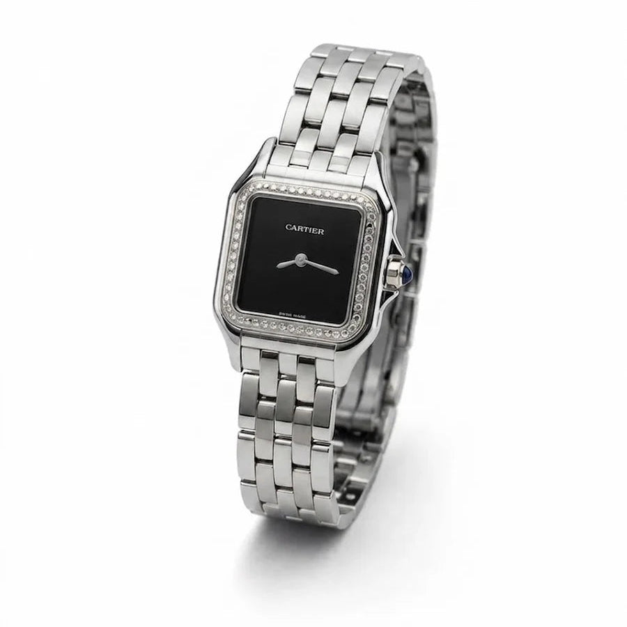 Cartier Panthère de Cartier women's quartz watch, black dial, stone-set bezel, silver stainless steel bracelet – angle view