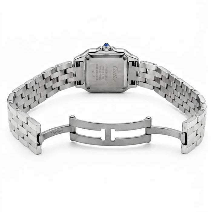 Cartier Panthère de Cartier women's quartz watch, black dial, stone-set bezel, silver stainless steel bracelet – bracelet clasp view