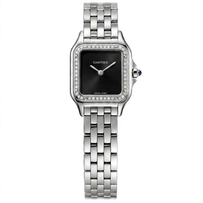 Cartier Panthère de Cartier women's quartz watch, black dial, stone-set bezel, silver stainless steel bracelet – front view