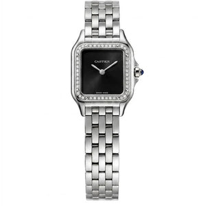 Cartier Panthère de Cartier women's quartz watch, black dial, stone-set bezel, silver stainless steel bracelet – full front view