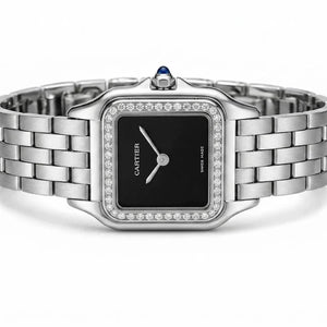 Cartier Panthère de Cartier women's quartz watch, black dial, stone-set bezel, silver stainless steel bracelet – side view
