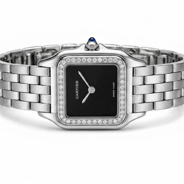 Cartier Panthère de Cartier women's quartz watch, black dial, stone-set bezel, silver stainless steel bracelet – side view