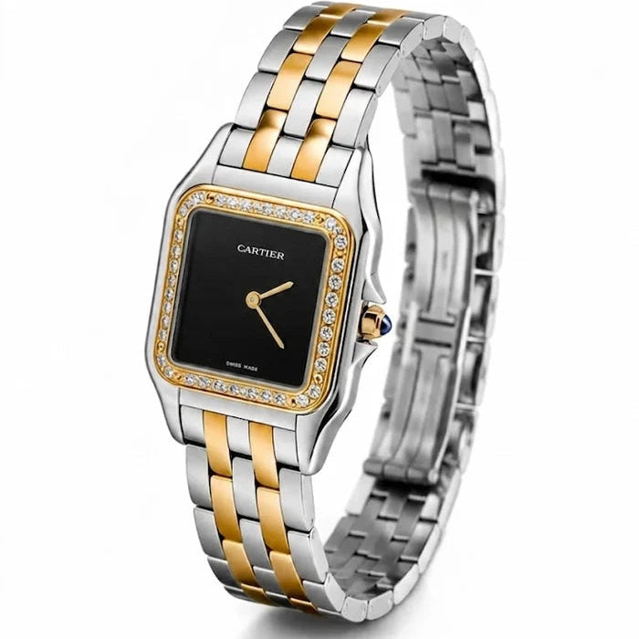 Cartier Panthère de Cartier women's quartz watch, black dial, stone-set bezel, two-tone stainless steel bracelet – angle view