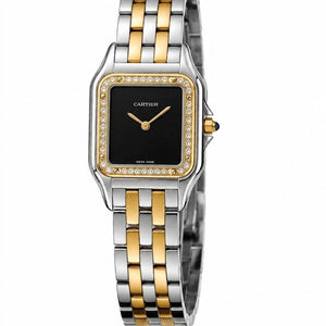 Cartier Panthère de Cartier women's quartz watch, black dial, stone-set bezel, two-tone stainless steel bracelet – front view
