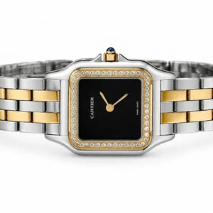 Cartier Panthère de Cartier women's quartz watch, black dial, stone-set bezel, two-tone stainless steel bracelet – side view