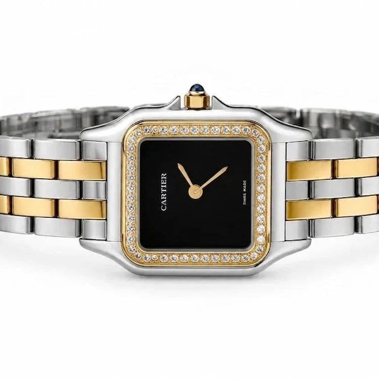 Cartier Panthère de Cartier women's quartz watch, black dial, stone-set bezel, two-tone stainless steel bracelet – side view