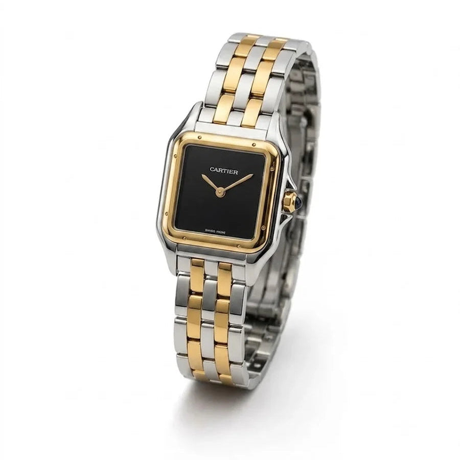 Cartier Panthère de Cartier women's quartz watch, black dial, two-tone stainless steel bracelet – angle view