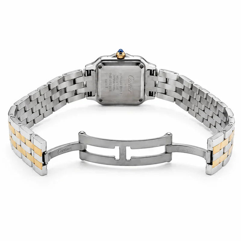 Cartier Panthère de Cartier women's quartz watch, black dial, two-tone stainless steel bracelet – bracelet clasp view