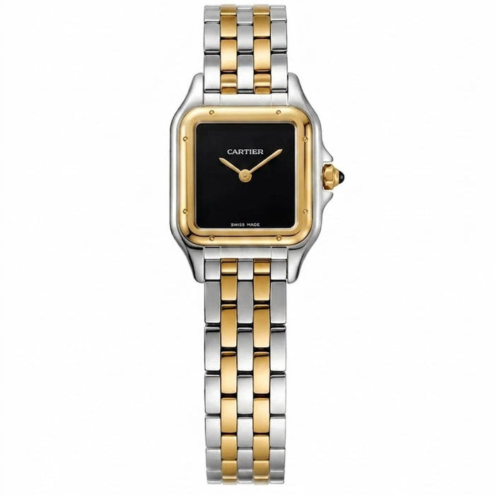 Cartier Panthère de Cartier women's quartz watch, black dial, two-tone stainless steel bracelet – front view