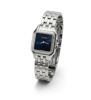 Cartier Panthère de Cartier women's quartz watch, blue dial, stone-set bezel, silver stainless steel bracelet – angle view