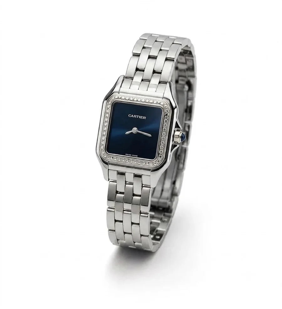 Cartier Panthère de Cartier women's quartz watch, blue dial, stone-set bezel, silver stainless steel bracelet – angle view