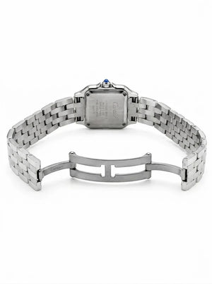 Cartier Panthère de Cartier women's quartz watch, blue dial, stone-set bezel, silver stainless steel bracelet – bracelet clasp view