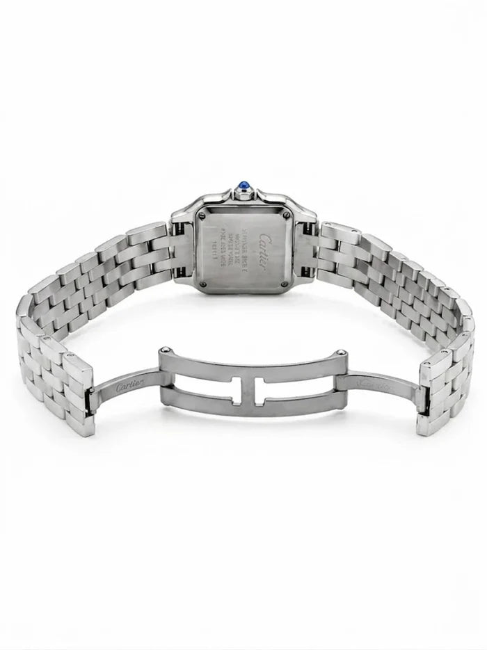 Cartier Panthère de Cartier women's quartz watch, blue dial, stone-set bezel, silver stainless steel bracelet – bracelet clasp view