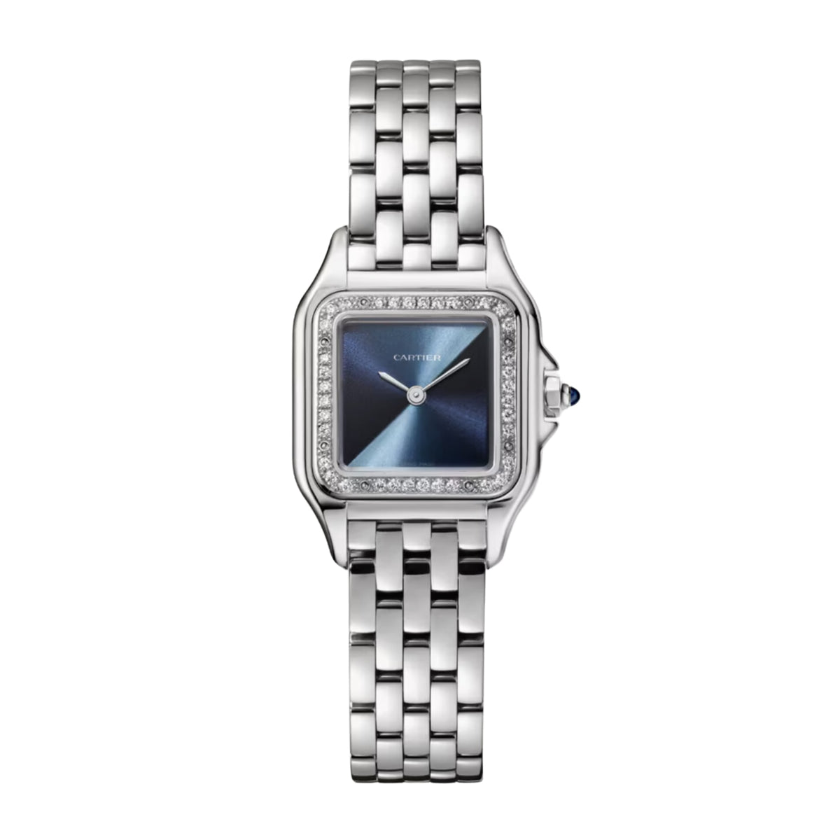 Cartier Panthère de Cartier women's quartz watch, blue dial, stone-set bezel, silver stainless steel bracelet – front view