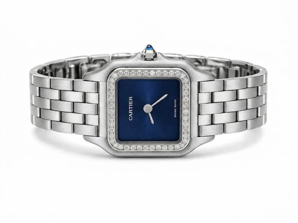 Cartier Panthère de Cartier women's quartz watch, blue dial, stone-set bezel, silver stainless steel bracelet – side view