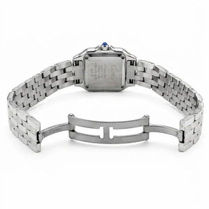 Cartier Panthère de Cartier women's quartz watch, blue sunray dial, silver stainless steel bracelet – bracelet clasp view