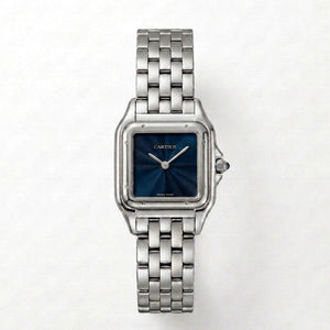 Cartier Panthère de Cartier women's quartz watch, blue sunray dial, silver stainless steel bracelet – front view