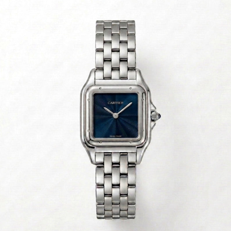 Cartier Panthère de Cartier women's quartz watch, blue sunray dial, silver stainless steel bracelet – front view