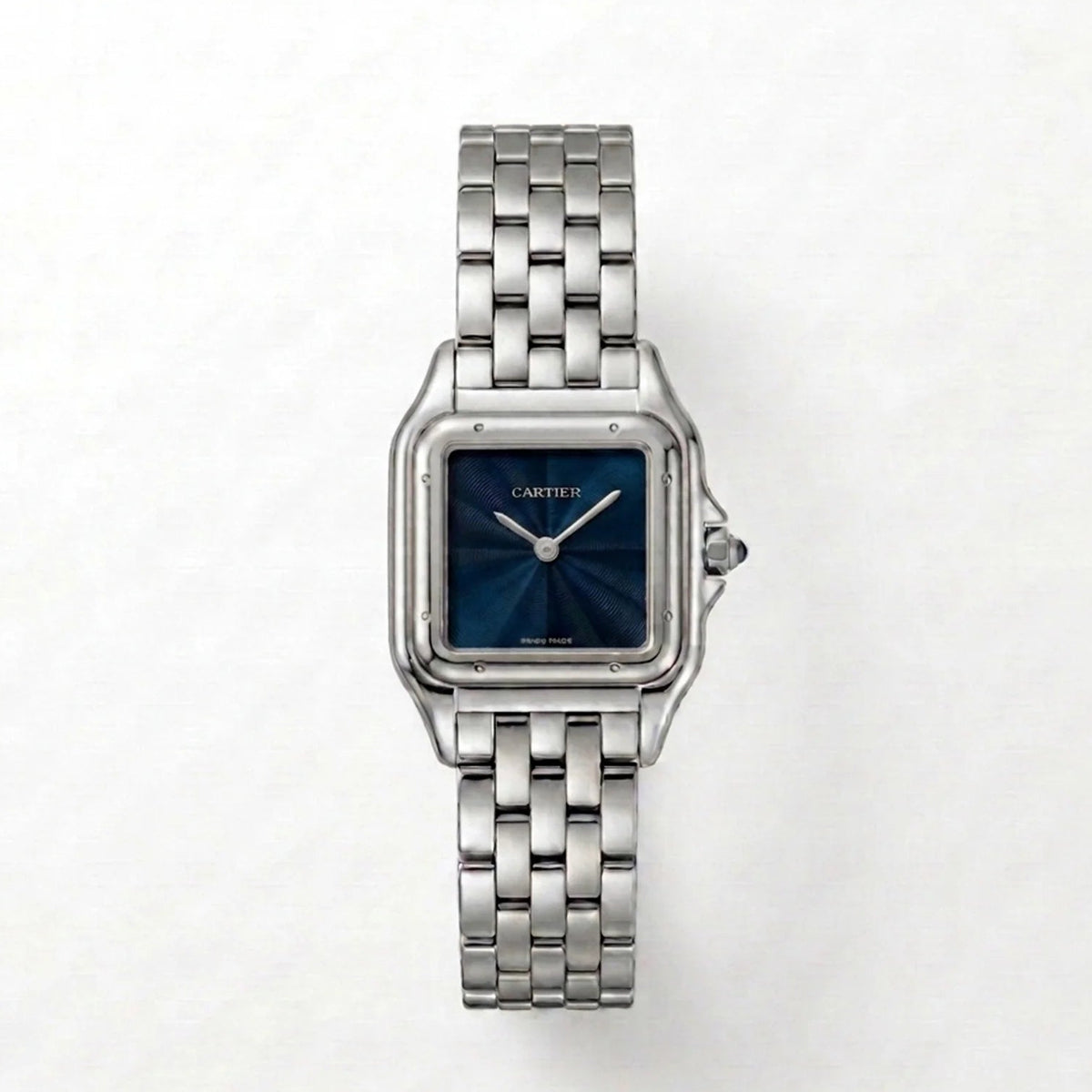 Cartier Panthère de Cartier women's quartz watch, blue sunray dial, silver stainless steel bracelet – full front view