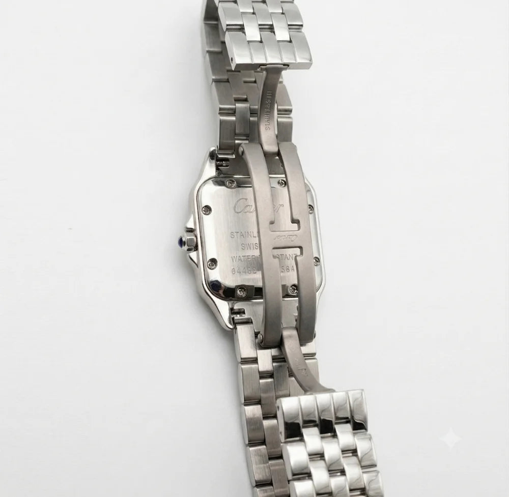 Cartier Panthère de Cartier women's quartz watch, blue sunray dial, silver stainless steel bracelet – side clasp view
