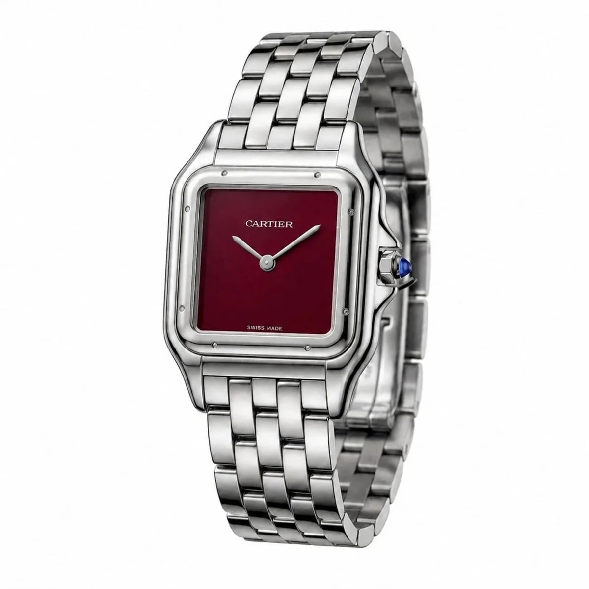 Cartier Panthère de Cartier women's quartz watch, burgundy dial, silver stainless steel bracelet – angle view