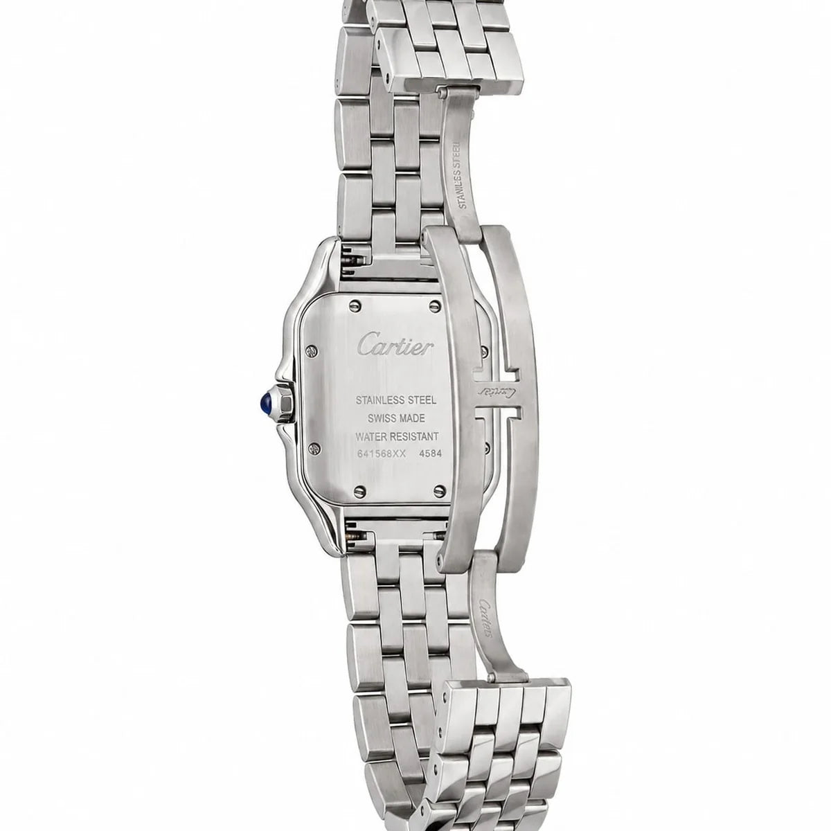 Cartier Panthère de Cartier women's quartz watch, burgundy dial, silver stainless steel bracelet – caseback clasp view