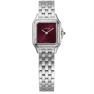 Cartier Panthère de Cartier women's quartz watch, burgundy dial, silver stainless steel bracelet – full front view